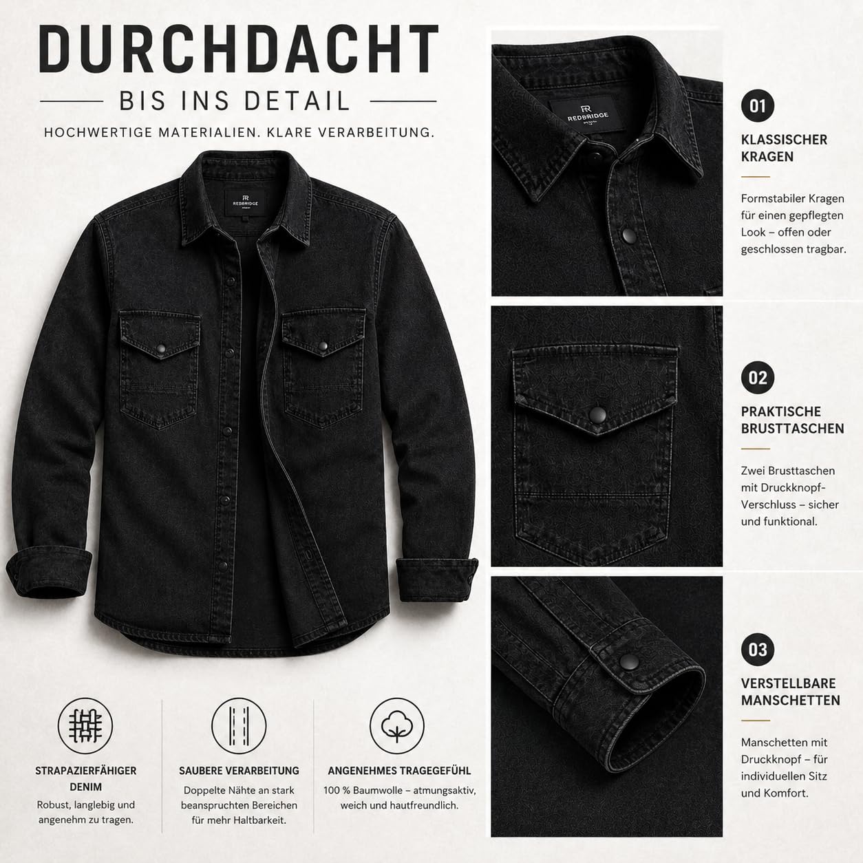 redbridge-premium-denim-hemd-herren-dunkelblau-casual-baumwolle image 4