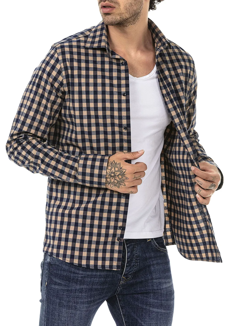 redbridge-hemden-freizeithemd-langarm-baumwolle-kariert-beige-3xl image 1