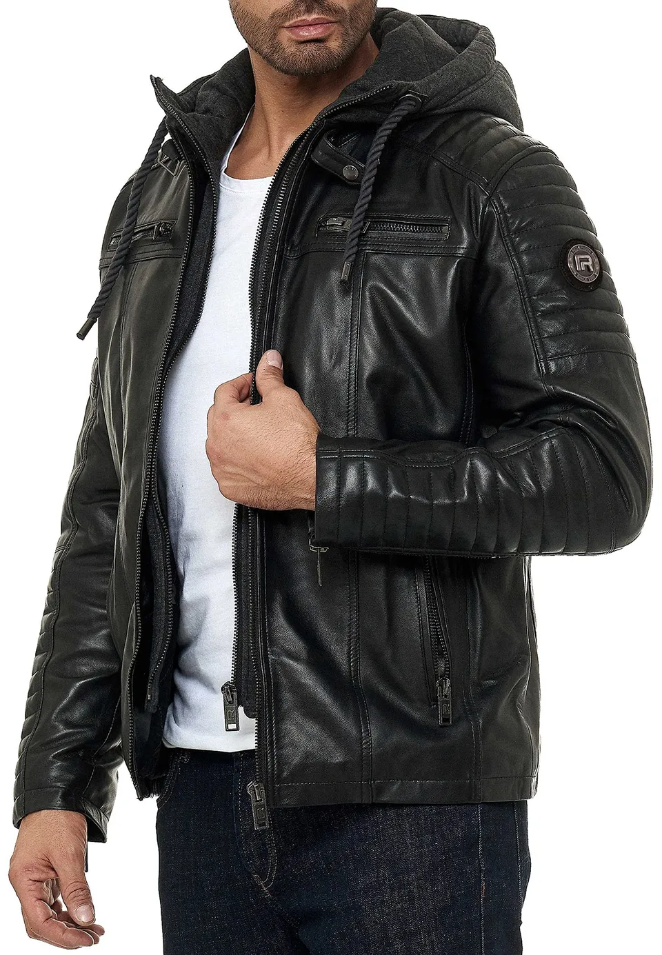 redbridge-lederjacke-herren-biker-echtleder-schwarz-mit-kapuze image 1
